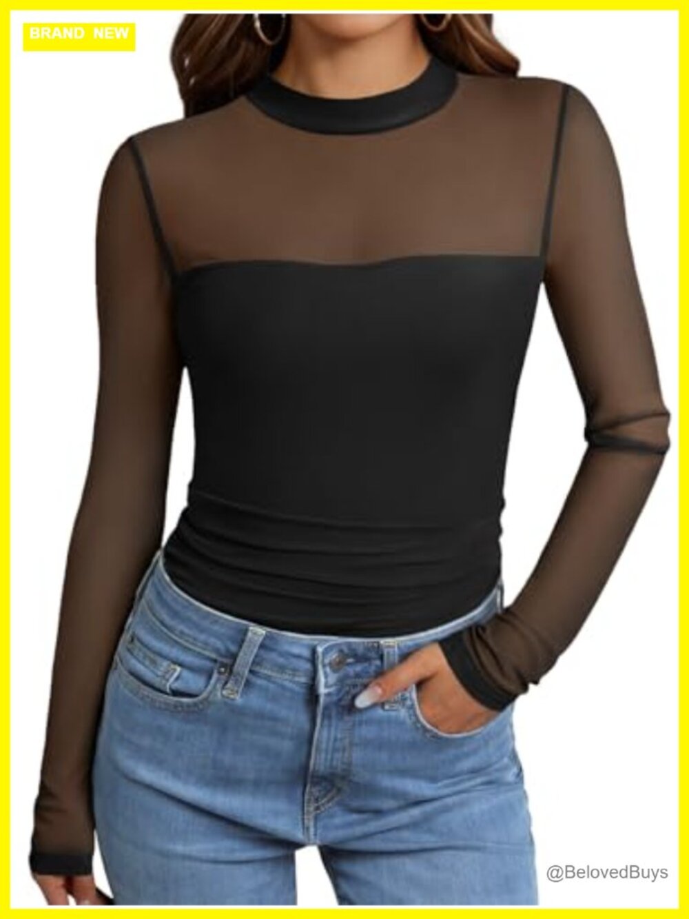 Lace Mesh Sheer Ruched Mock Neck Long Sleeve Blouse for Women